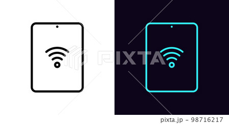 Outline tablet icon, with editable stroke. Tablet screen frame with wifi sign, mobile internet pictogram. Portable pad with wireless internet connection, wifi hotspot. 98716217