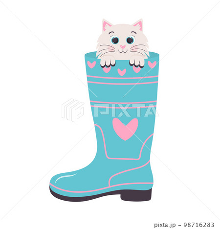 Rubber boot with a cute cat sitting inside the boot. Gardening and spring concept. Rubber boot with a cute cat sitting inside the boot. Gardening and spring concept. 98716283