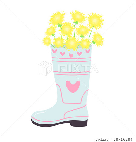 Rubber boot with a bouquet of dandelions. Gardening and spring concept. Rubber boot with a bouquet of dandelions. Gardening and spring concept. 98716284