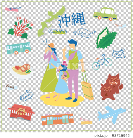 日本の沖縄県のグルメ観光を楽しむ旅行客の家族とアイコンのセット 日本の沖縄県のグルメ観光を楽しむ旅行客の家族とアイコンのセット 98716945