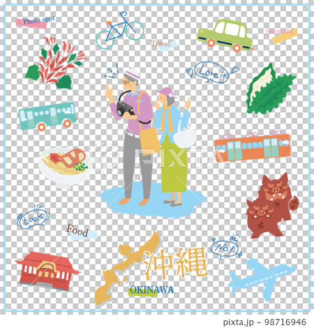日本の沖縄県のグルメ観光を楽しむ旅行客のシニア夫婦とアイコンのセット 98716946