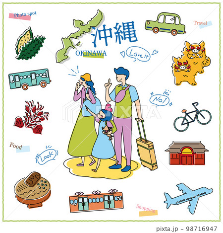 日本の沖縄県のグルメ観光を楽しむ旅行客の家族とアイコンのセット(線画) 日本の沖縄県のグルメ観光を楽しむ旅行客の家族とアイコンのセット(線画) 98716947