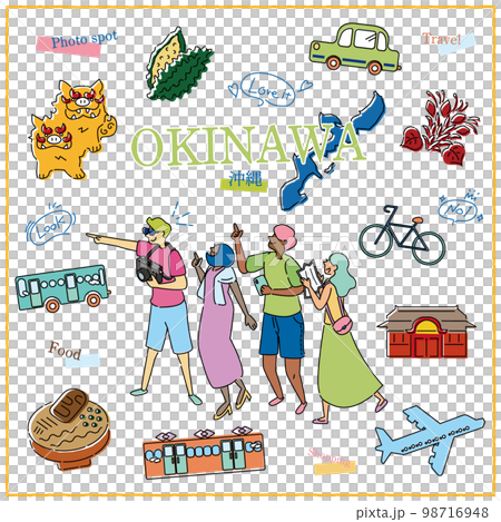 A set of tourists and icons who enjoy gourmet sightseeing in Okinawa Prefecture, Japan (line drawing) A set of tourists and icons who enjoy gourmet sightseeing in Okinawa Prefecture, Japan (line drawing) 98716948