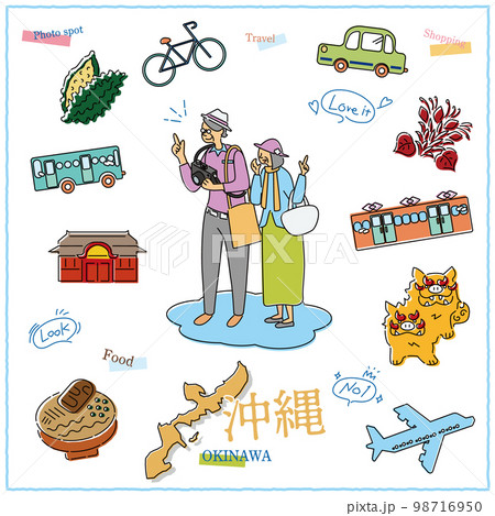 日本の沖縄県のグルメ観光を楽しむ旅行客のシニア夫婦とアイコンのセット（線画） 98716950
