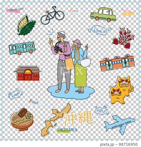 日本の沖縄県のグルメ観光を楽しむ旅行客のシニア夫婦とアイコンのセット（線画） 98716950