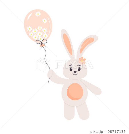 Cute bunny holding a balloon full of chamomiles. Children's character. Easter rabbit. 98717135