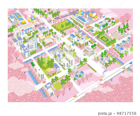 桜咲く春の美しい街並みと暮らしの風景。人々が明るく暮らせる自然と住宅が溶け込む街づくり。 桜咲く春の美しい街並みと暮らしの風景。人々が明るく暮らせる自然と住宅が溶け込む街づくり。 98717556