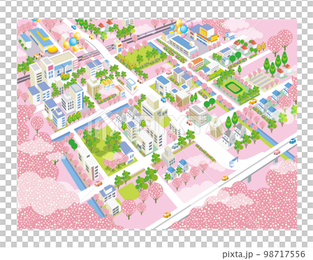 桜咲く春の美しい街並みと暮らしの風景。人々が明るく暮らせる自然と住宅が溶け込む街づくり。 桜咲く春の美しい街並みと暮らしの風景。人々が明るく暮らせる自然と住宅が溶け込む街づくり。 98717556