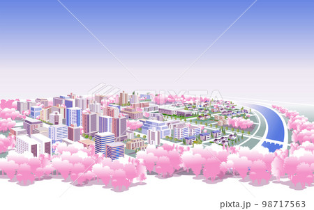 桜咲く春の美しい街並みと暮らしの風景。人々が明るく暮らせる自然と住宅が溶け込む街づくり。 桜咲く春の美しい街並みと暮らしの風景。人々が明るく暮らせる自然と住宅が溶け込む街づくり。 98717563