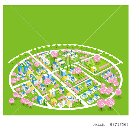 桜咲く春の美しい街並みと暮らしの風景。人々が明るく暮らせる自然と住宅が溶け込む街づくり。 98717565