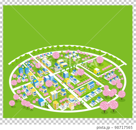 桜咲く春の美しい街並みと暮らしの風景。人々が明るく暮らせる自然と住宅が溶け込む街づくり。 98717565