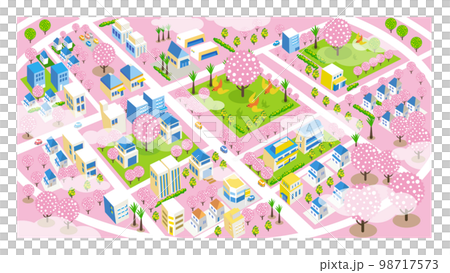 A beautiful spring cityscape and scenery of life with cherry blossoms. Urban development that blends nature and houses where people can live brightly. 98717573