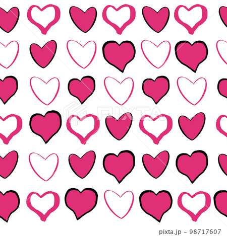 Heart pink romantic doodle seamless pattern with black hearts. Shape on white background in hand drawn hipster grunge style. Heart pink romantic doodle seamless pattern with black hearts. Shape on white background in hand drawn hipster grunge style. 98717607