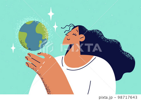 Smiling woman holding planet earth in hands  98717643