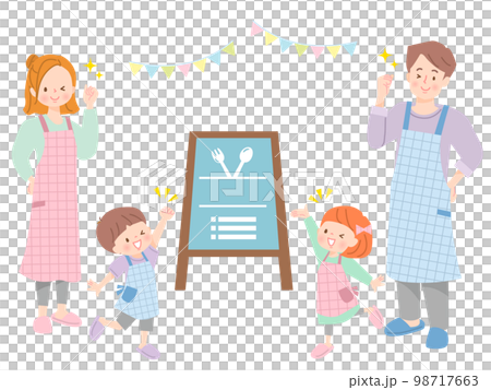 Illustration of a family in an apron and a simple signboard 98717663