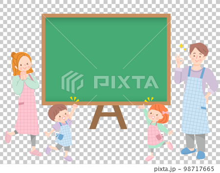 エプロン姿の家族とシンプルな黒板のイラスト 98717665