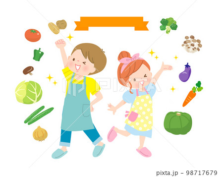 料理をする子供達と食材のイメージイラスト 料理をする子供達と食材のイメージイラスト 98717679