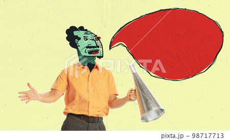 Contemporary art collage. Creative design. Man with drawn face shouting in megaphone. Speech bubble with empty space to insert your text, ad 98717713