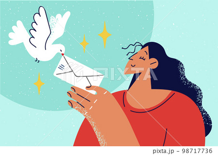 Smiling woman give envelope to dove Smiling woman give envelope to dove 98717736