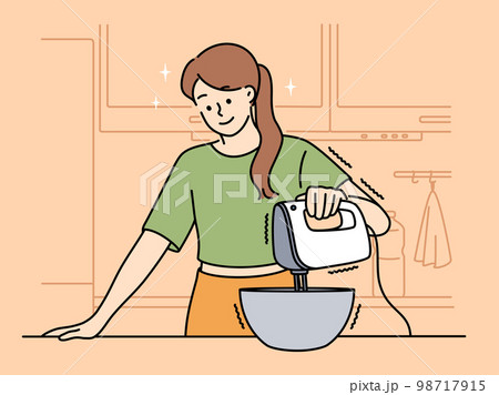 Happy woman cooking with mixer at home  98717915