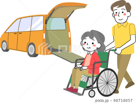 車椅子に乗ったシニア女性を送迎する若い男性のイラスト素材 [98718057] - PIXTA