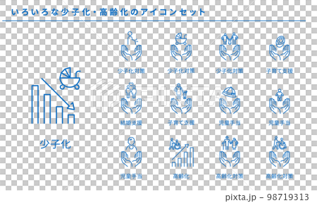 少子化・高齢化のシンプルアイコンセット、ベクター素材 98719313