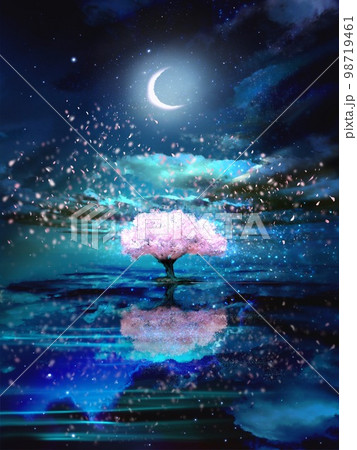 海面に聳え立つ桜満開の桜の木と花吹雪が海面に反射した神秘的なファンタジー背景イラスト 98719461