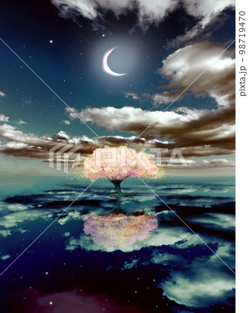 海面に聳え立つ桜満開の桜の木と花吹雪が海面に反射した神秘的なファンタジー背景イラスト 98719470