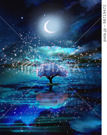 海面に聳え立つ桜満開の桜の木と花吹雪が海面に反射した神秘的な