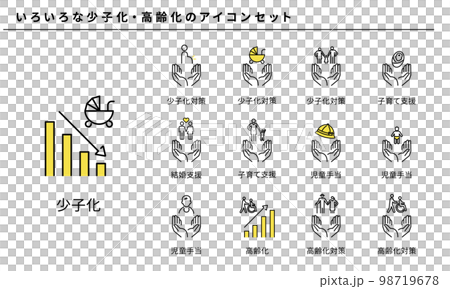 Simple icon set of declining birthrate and aging population, vector material 98719678