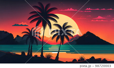 A picturesque, idyllic beach landscape with lush tropical palm trees and colorful sunrise, minimalist illustration, neural network generated art 98720003