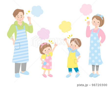 エプロン姿の4人家族のポジティブな表情セット エプロン姿の4人家族のポジティブな表情セット 98720300