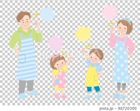 A set of positive facial expressions for a family of four in an apron 98720300
