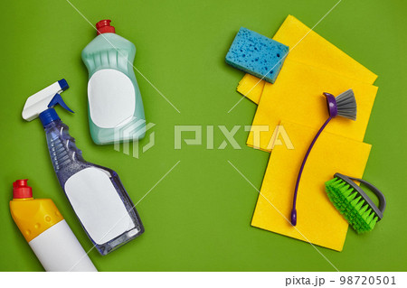 Detergents and cleaning accessories on a green background. Housekeeping concept. 98720501