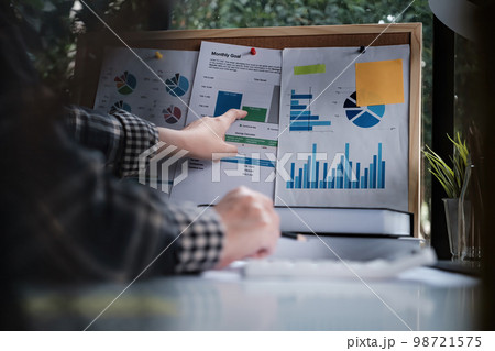 Rear view of female employee meeting via video call with employee brief the stock market chart. Rear view of female employee meeting via video call with employee brief the stock market chart. 98721575
