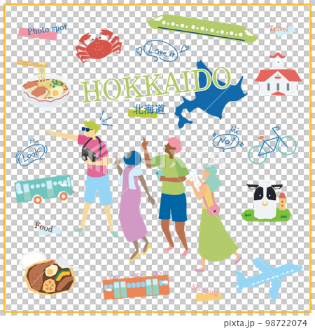 Icon set with tourists who enjoy gourmet sightseeing in Hokkaido, Japan 98722074