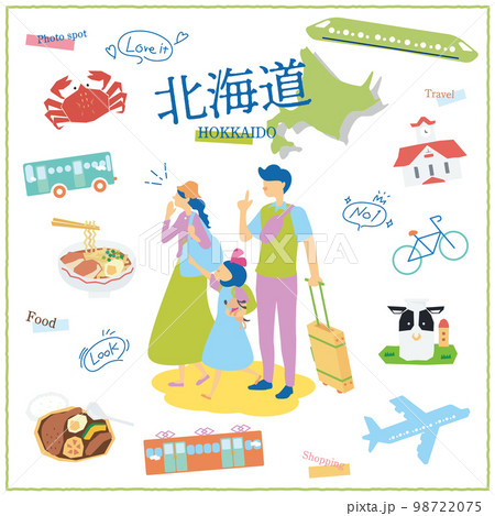 日本の北海道のグルメ観光を楽しむ旅行客の家族とアイコンセット 98722075