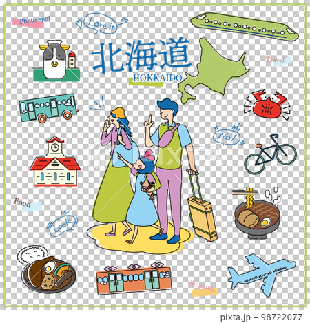 Tourist family and icon set (line drawing) enjoying gourmet sightseeing in Hokkaido, Japan 98722077