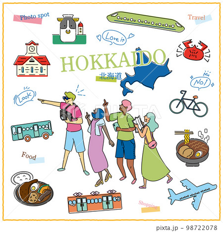 日本の北海道のグルメ観光を楽しむ旅行客とアイコンセット（線画） 98722078