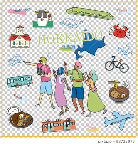 日本の北海道のグルメ観光を楽しむ旅行客とアイコンセット（線画） 98722078