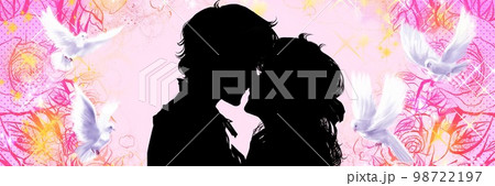 カップリングアプリで出会った若い男女のロマンチックな白黒イラストと白い鳩が祝福するピンクの花園背景 カップリングアプリで出会った若い男女のロマンチックな白黒イラストと白い鳩が祝福するピンクの花園背景 98722197