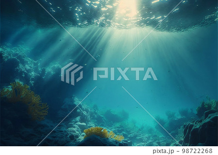 水中 光 海底 魚 海 太陽 深海 泡 海藻 洞窟 青 98722268