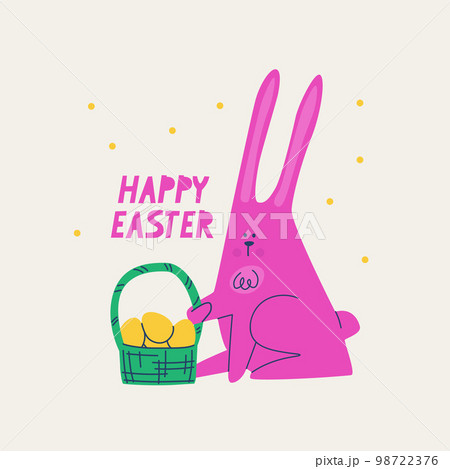 Cute pink bunny with a basket of Easter eggs. Happy Easter postcard. Vector multicolored trendy illustration. 98722376