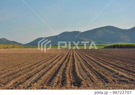 Longitudinal ditch for agriculture with mountains in the background. 98722707
