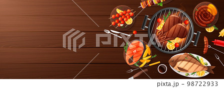BBQ Grill Wooden Background 98722933