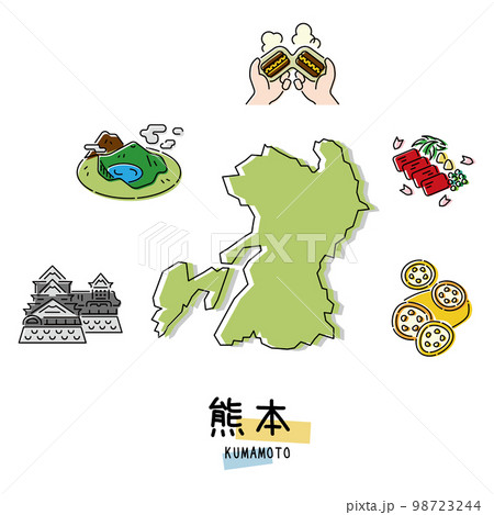 日本の熊本県のグルメ観光アイコンセット（線画） 98723244