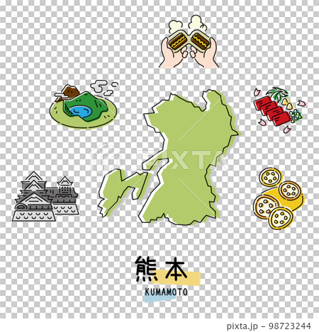 日本の熊本県のグルメ観光アイコンセット（線画） 98723244