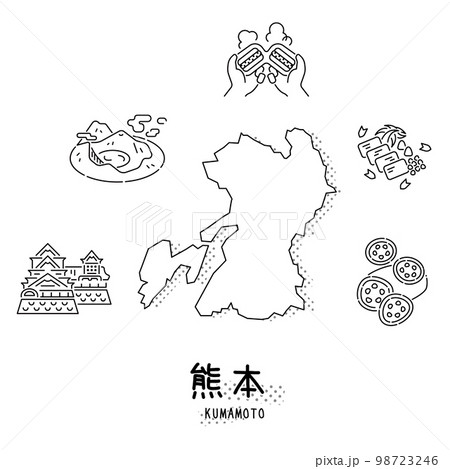 日本の熊本県のグルメ観光アイコンセット（線画白黒） 98723246
