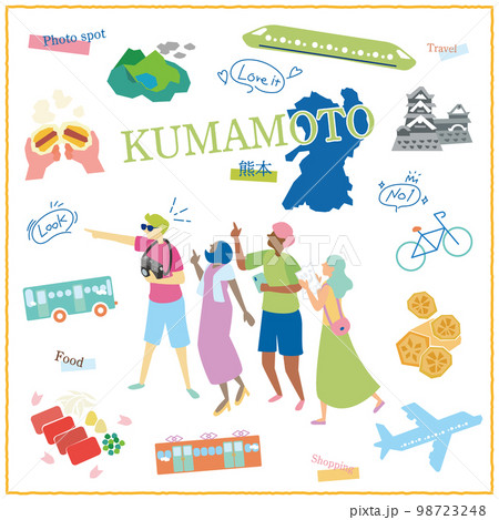 日本の熊本県のグルメ観光を楽しむ旅行客とアイコンセット 日本の熊本県のグルメ観光を楽しむ旅行客とアイコンセット 98723248