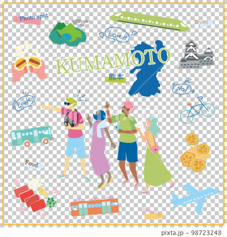 日本の熊本県のグルメ観光を楽しむ旅行客とアイコンセット 日本の熊本県のグルメ観光を楽しむ旅行客とアイコンセット 98723248